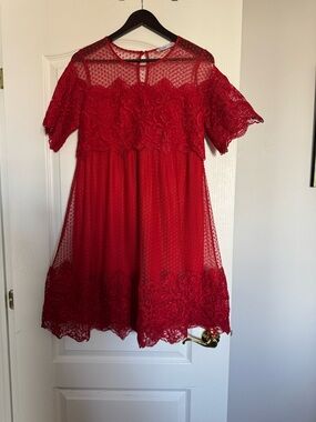 My Twins Elegant Red Lace Overlay Formal Dress for Women. Ptp 18 inch